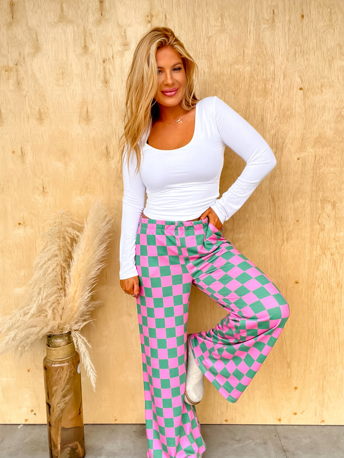 Right On Cue Pink & Green Checkered Pants