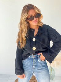 Cozying Up Black Gold Button Detail Sweater Cardigan