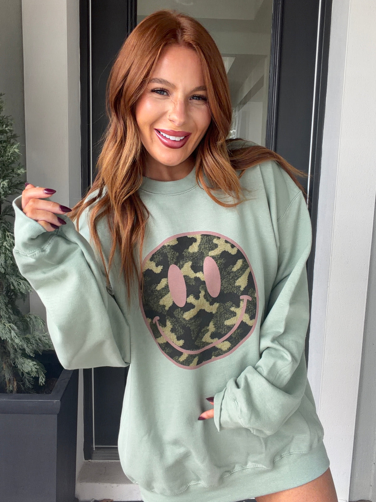 Pink Camo Smiley Graphic Top