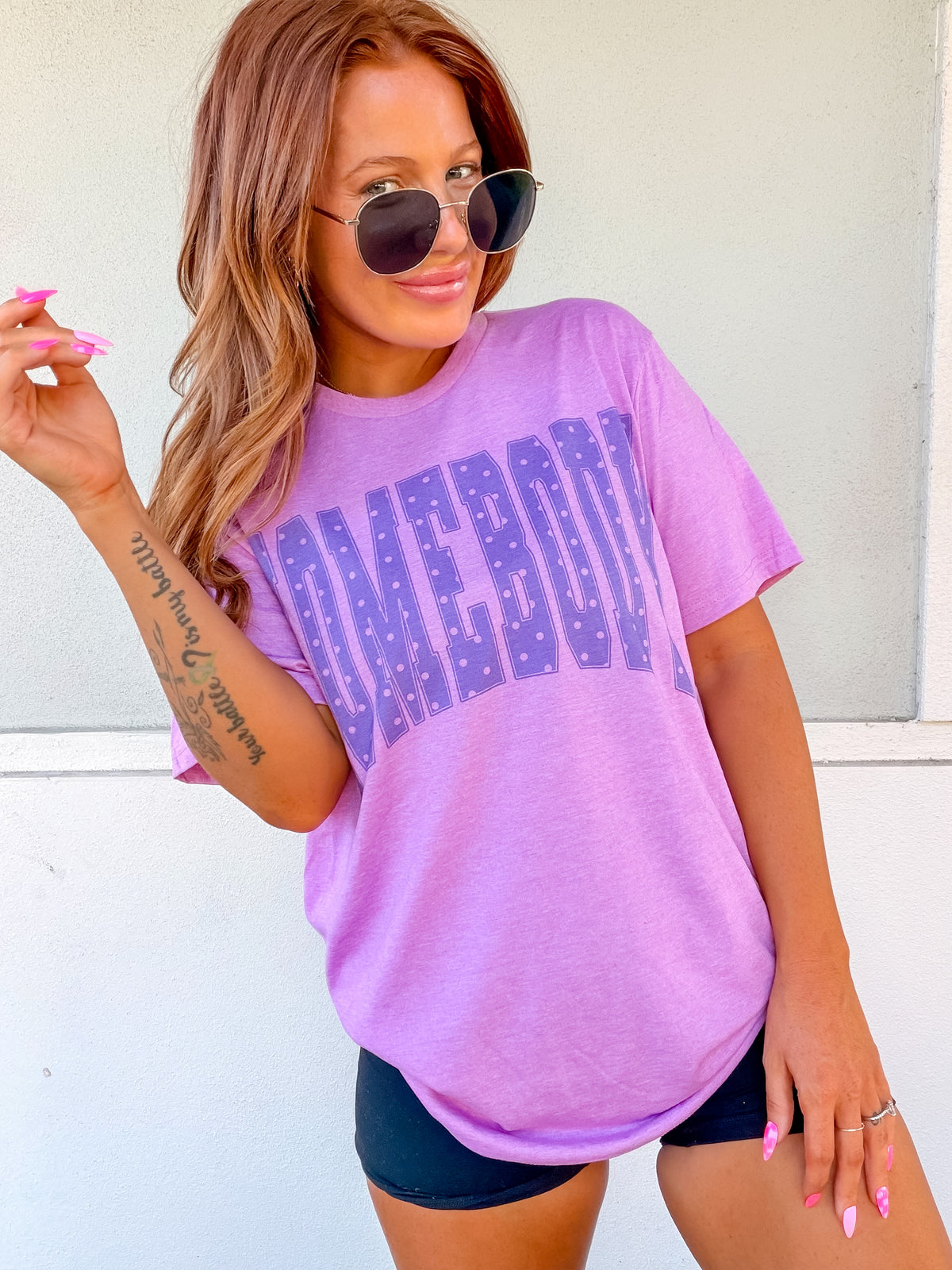 Blue Polkadot Homebody Graphic Top