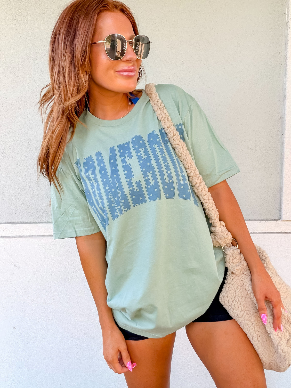 Blue Polkadot Homebody Graphic Top