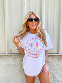Pink Face Blue White Daisy Smiley Graphic Top