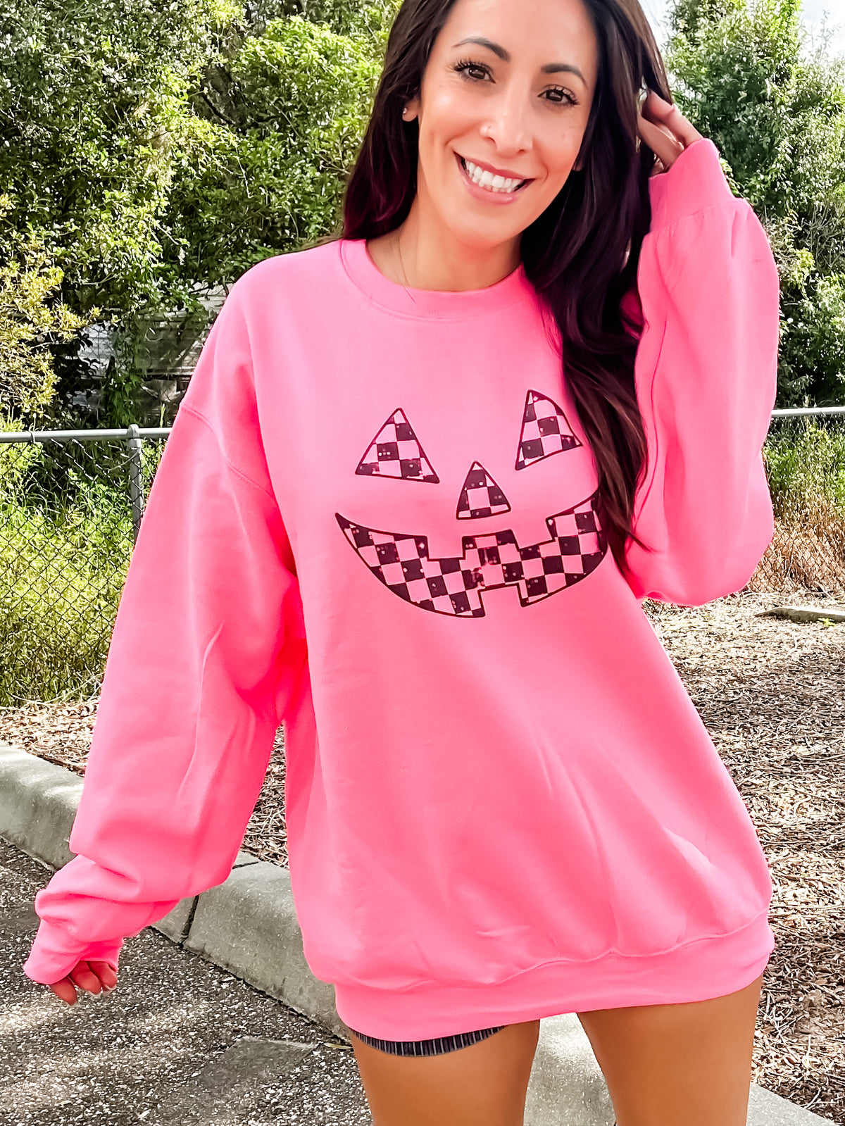 Pumpkin Face Checker Graphic Pullover