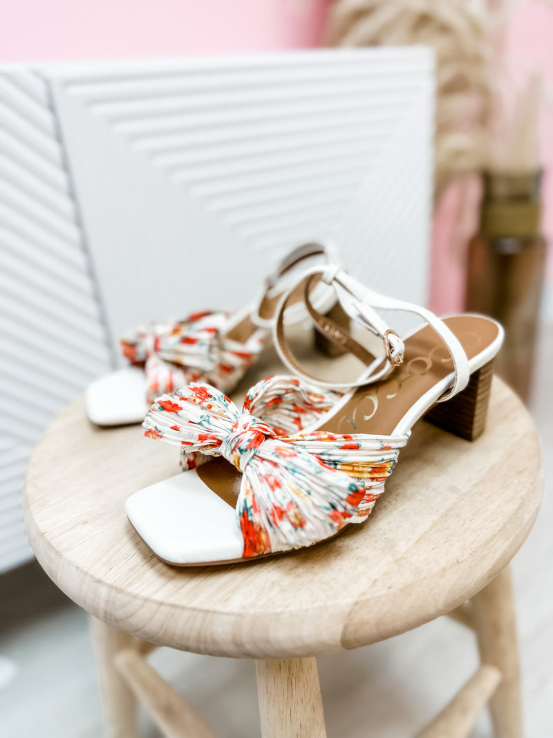 Cara White Floral Pleated Bow Heel