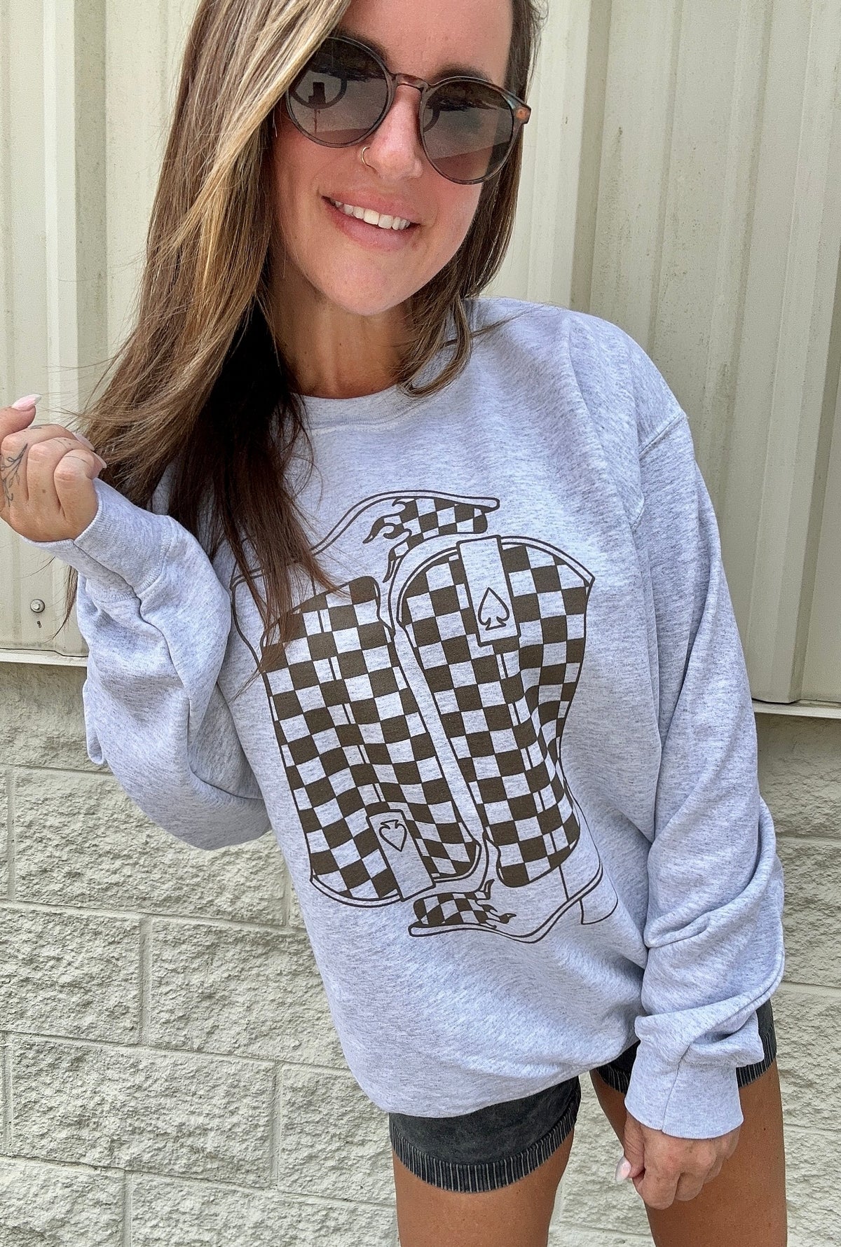 Checker Cowgirl Boots Graphic Pullover