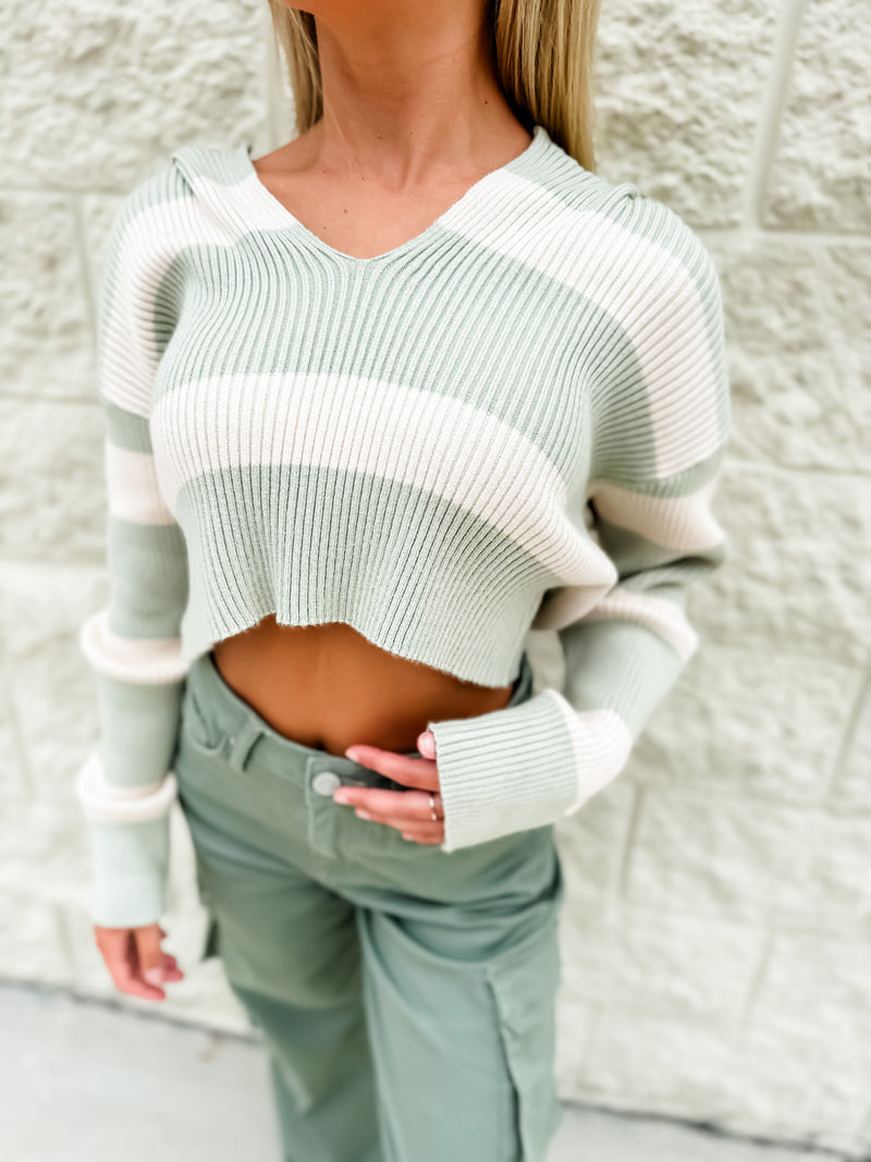 Take My Heart Sage Striped Cropped Hoodie