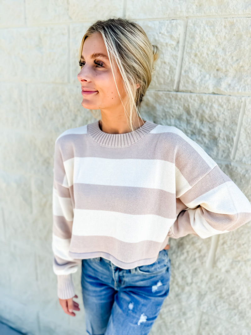 Top Priority Taupe Striped Cropped Sweater