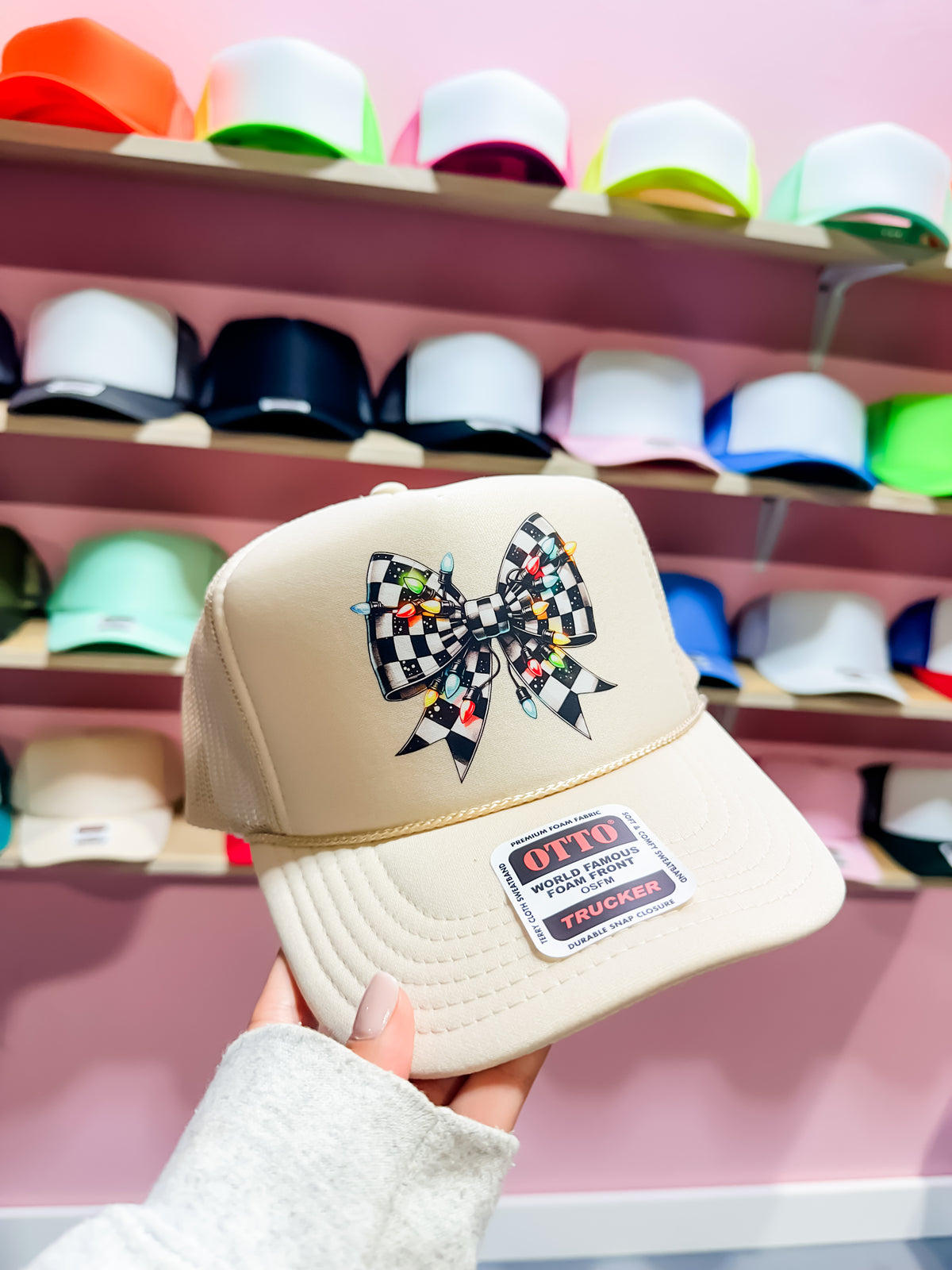 Custom Color checkered Christmas Bow Trucker Hat