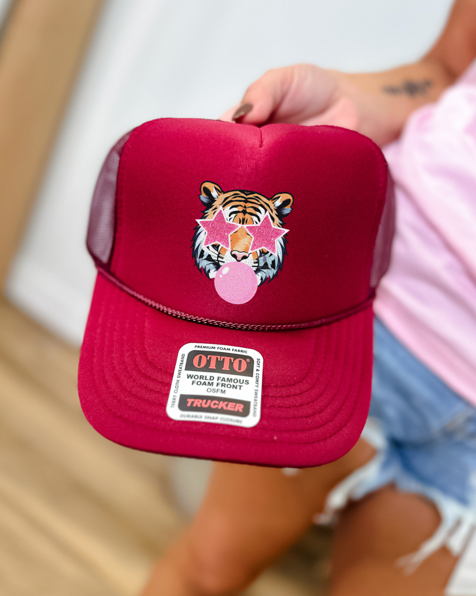 Custom Color Bubble Gum Tiger Trucker Hat