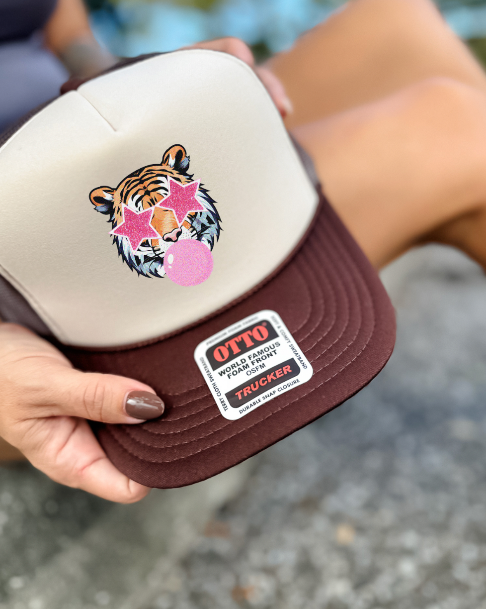 Custom Color Bubble Gum Tiger Trucker Hat