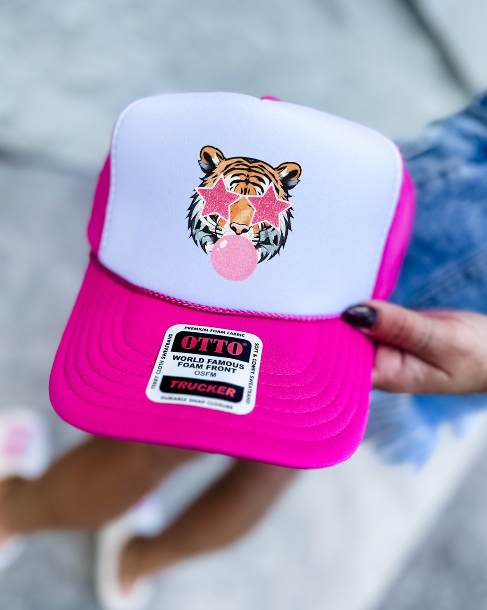 Custom Color Bubble Gum Tiger Trucker Hat