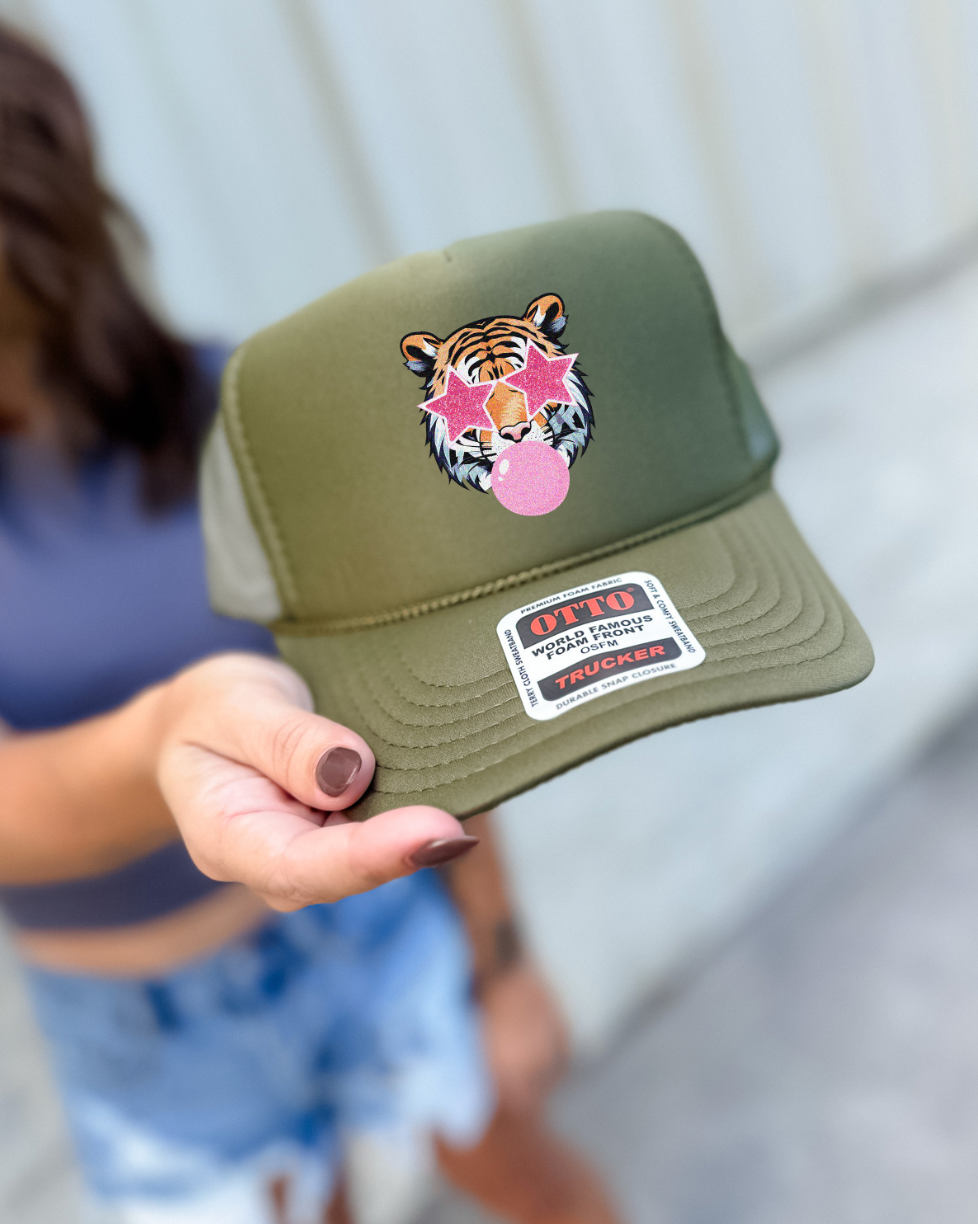 Custom Color Bubble Gum Tiger Trucker Hat
