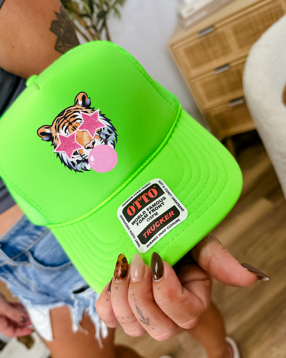 Custom Color Bubble Gum Tiger Trucker Hat