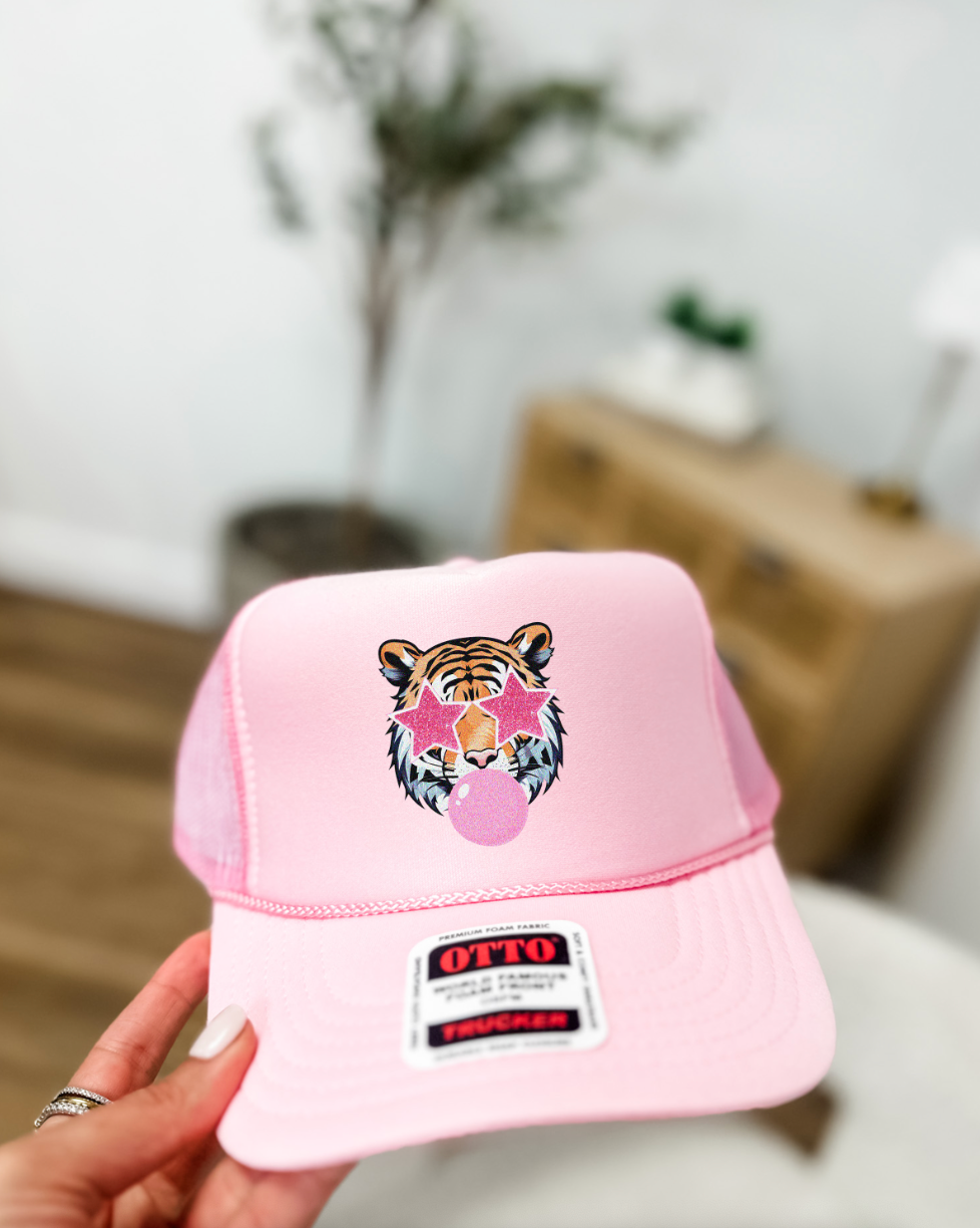 Custom Color Bubble Gum Tiger Trucker Hat