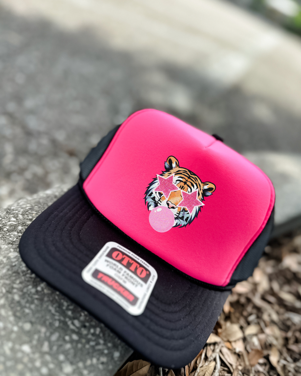Custom Color Bubble Gum Tiger Trucker Hat