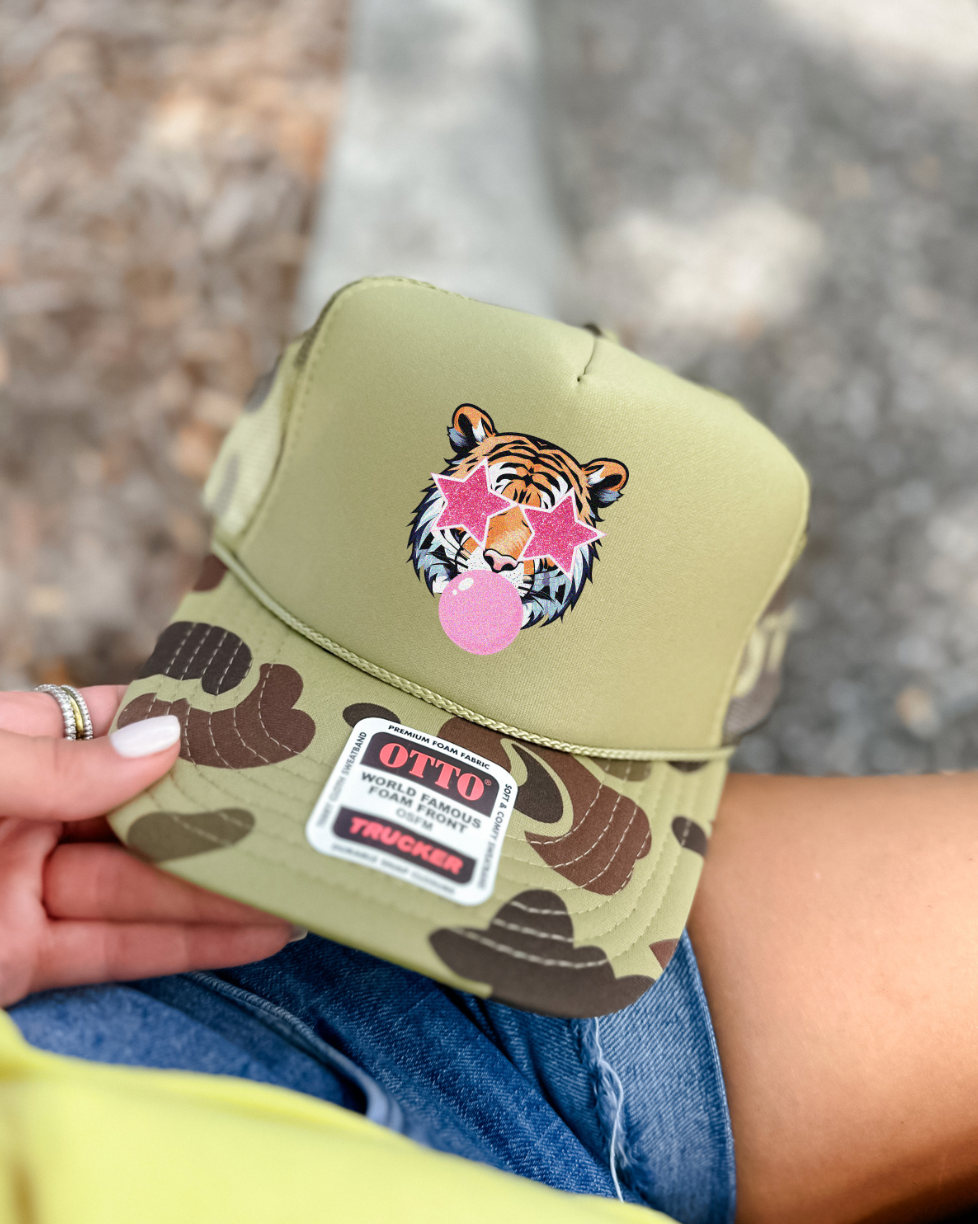 Custom Color Bubble Gum Tiger Trucker Hat