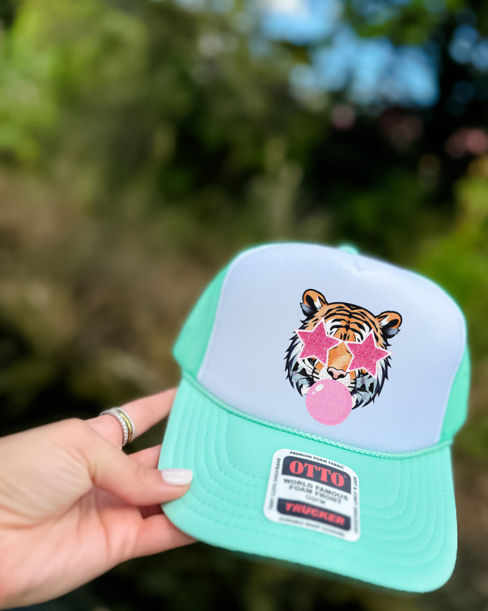 Custom Color Bubble Gum Tiger Trucker Hat