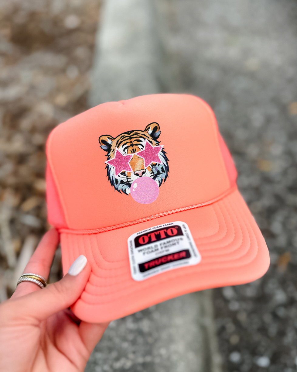 Custom Color Bubble Gum Tiger Trucker Hat