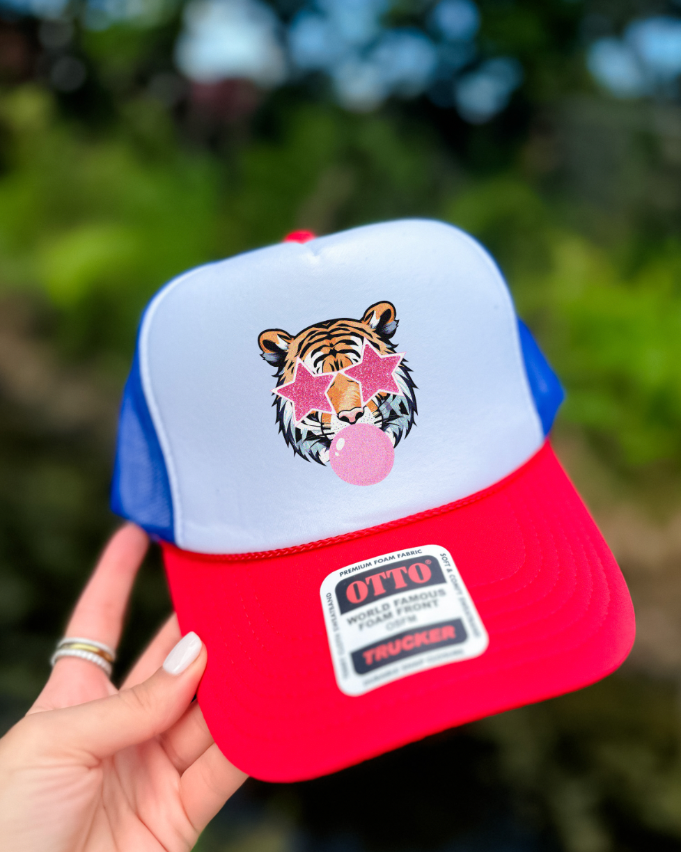 Custom Color Bubble Gum Tiger Trucker Hat