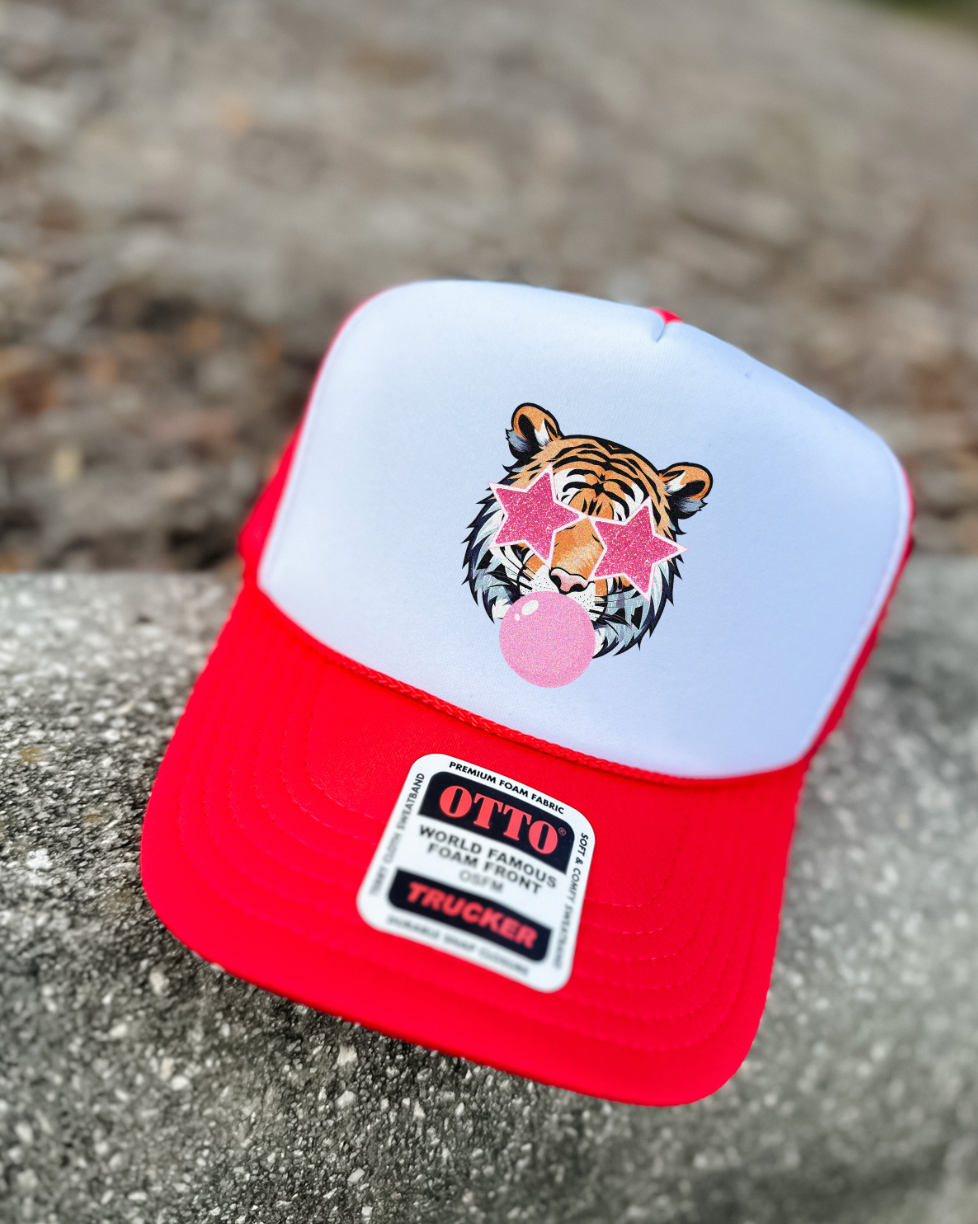 Custom Color Bubble Gum Tiger Trucker Hat