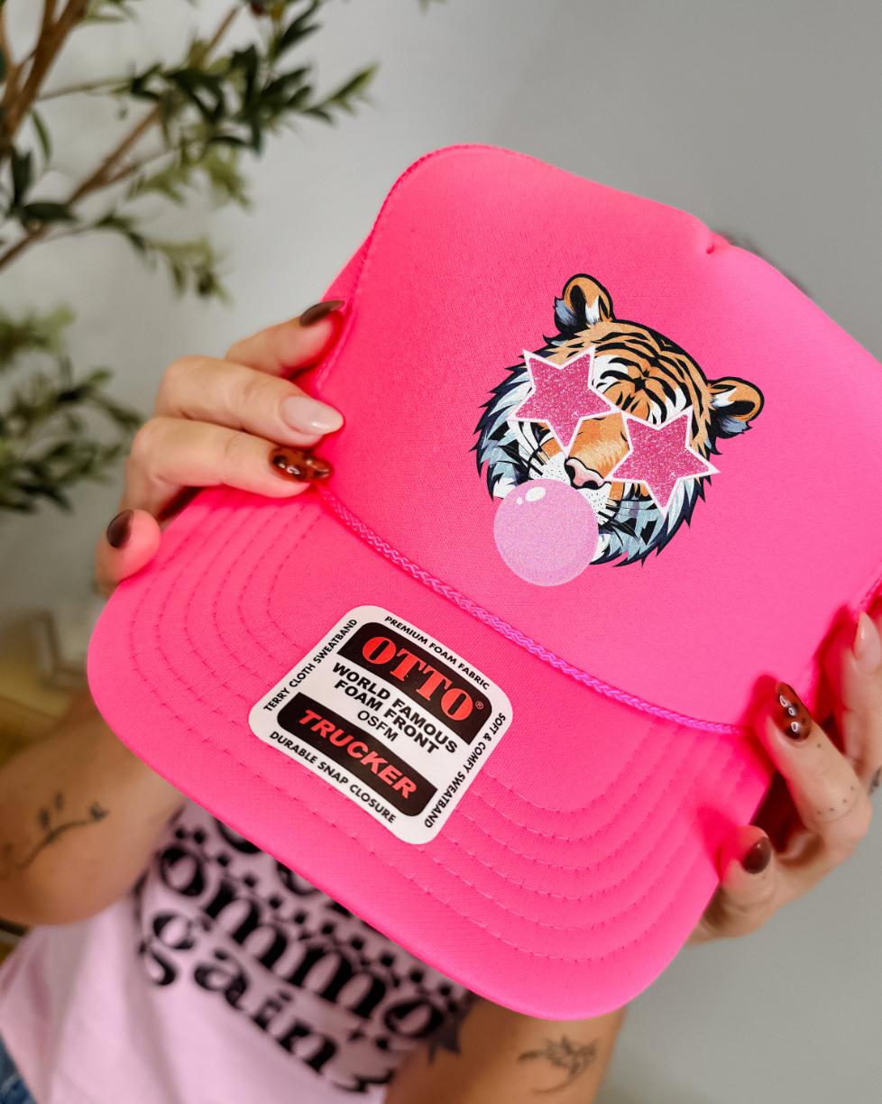 Custom Color Bubble Gum Tiger Trucker Hat