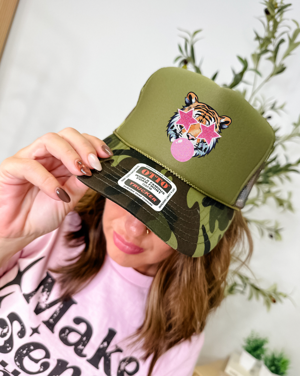 Custom Color Bubble Gum Tiger Trucker Hat