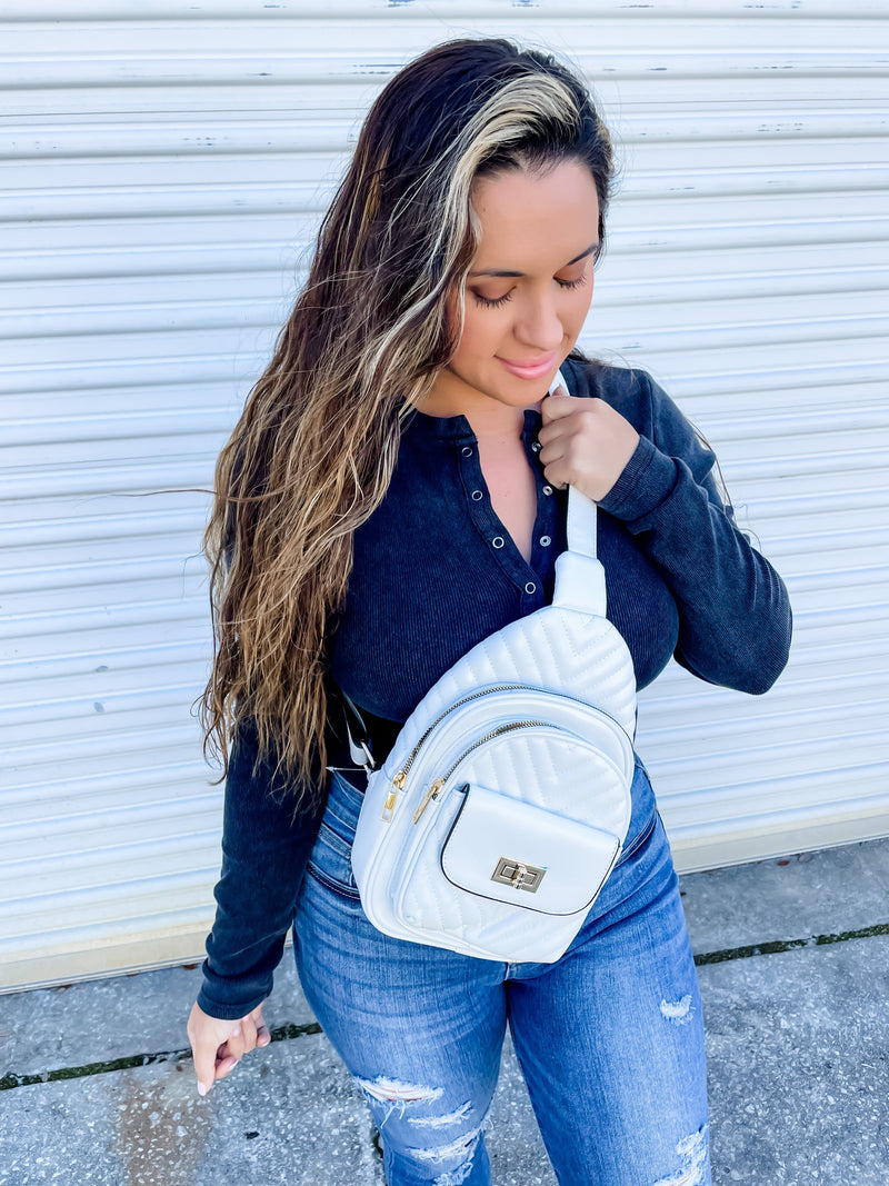 White Chevron Quilted Sling Bag