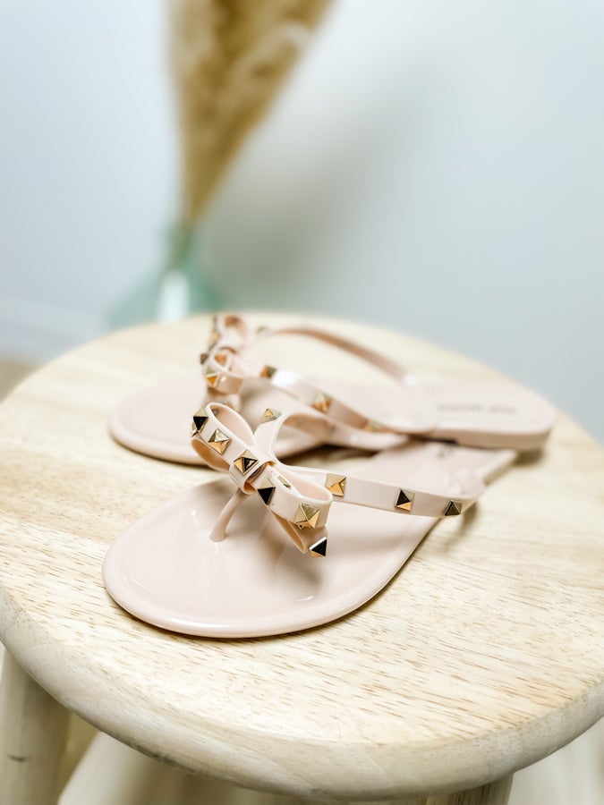 Nude Studded Bow Jelly Sandals