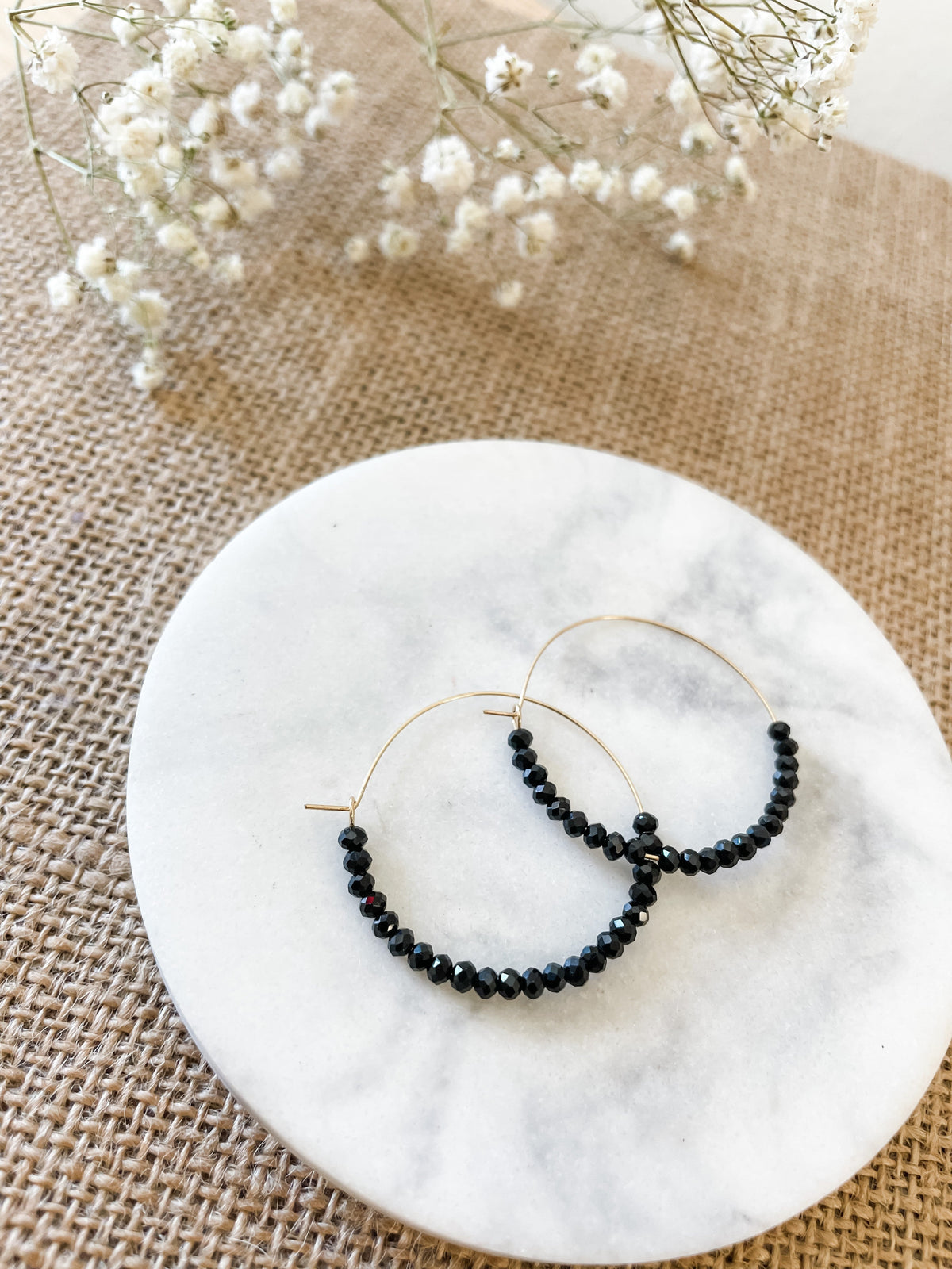 Black Beaded Gold Hoop Earrings