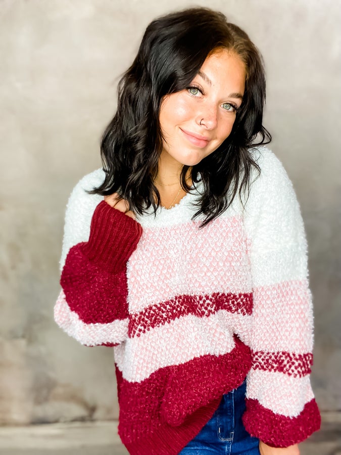 On The Way Pink And Burgundy Stripe Textured Sweater