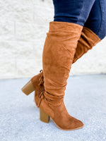 Cognac Knee High Ruched Boot