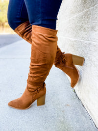 Cognac Knee High Ruched Boot