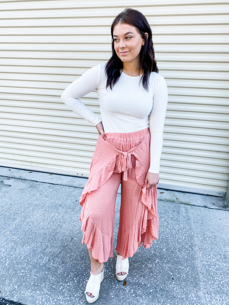 In A Split Second Coral Pink Ruffle Culotte Pants