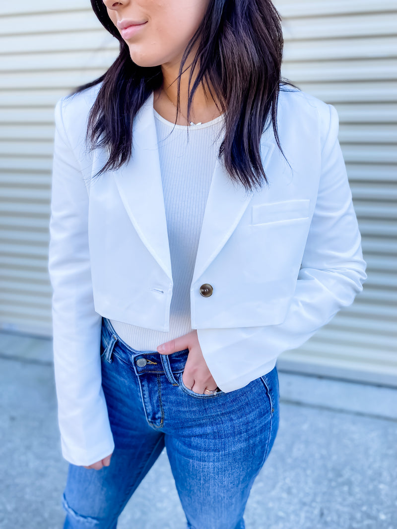 Stay Out Of My Business White Cropped Blazer