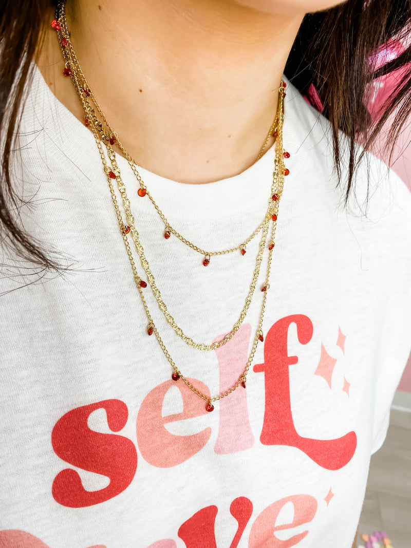 Layered Gold Necklace with Red Gems