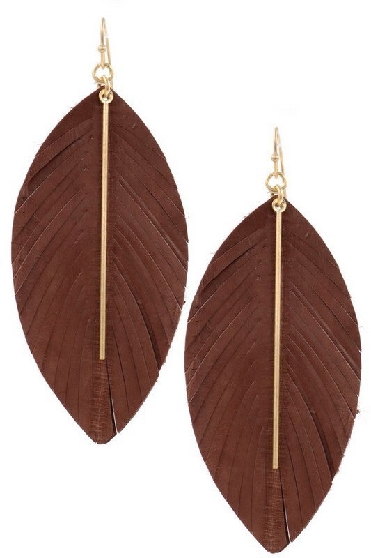 Brown Worn Gold Genuine Leather Feather Earrings