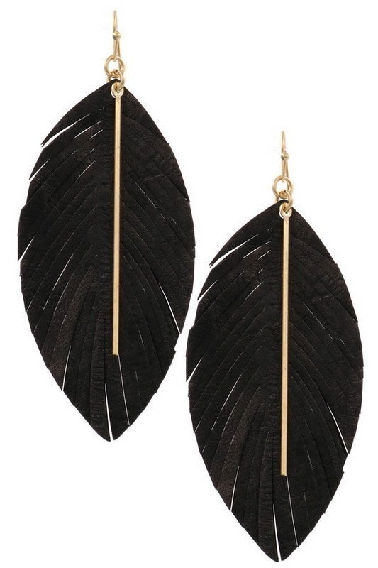 Black Worn Gold Genuine Leather Feather Earrings