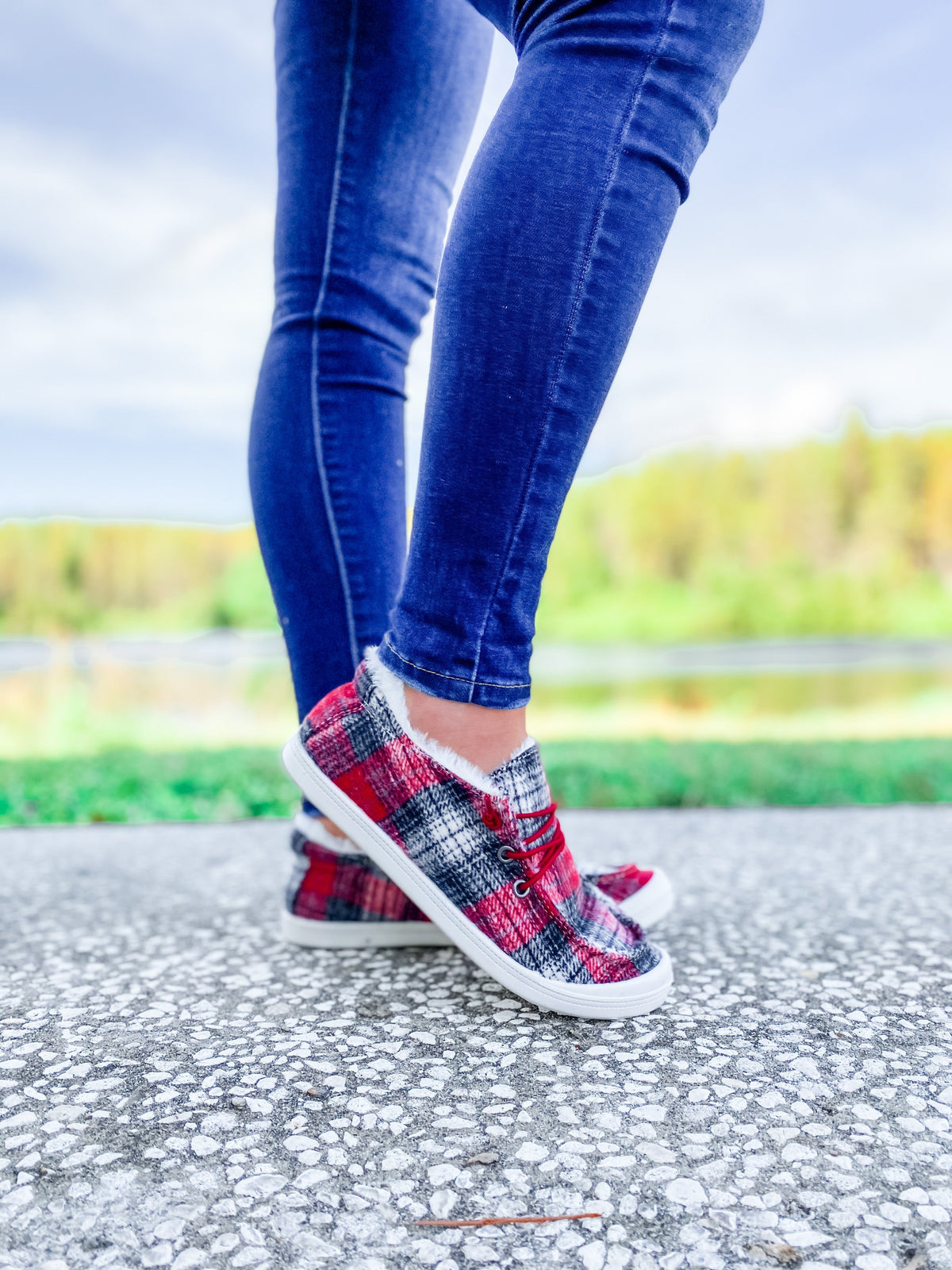 Red Plaid Fuzzy Slip On Shoe