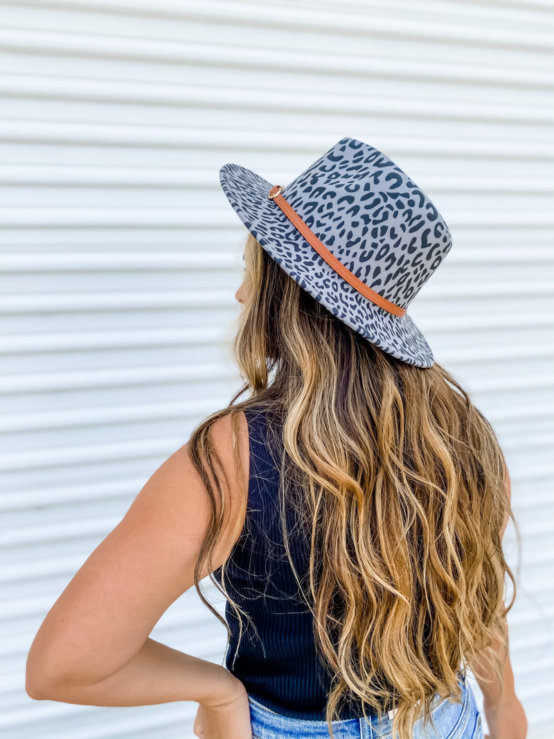 Grey Brown Leopard Leather Belt Panama Hat
