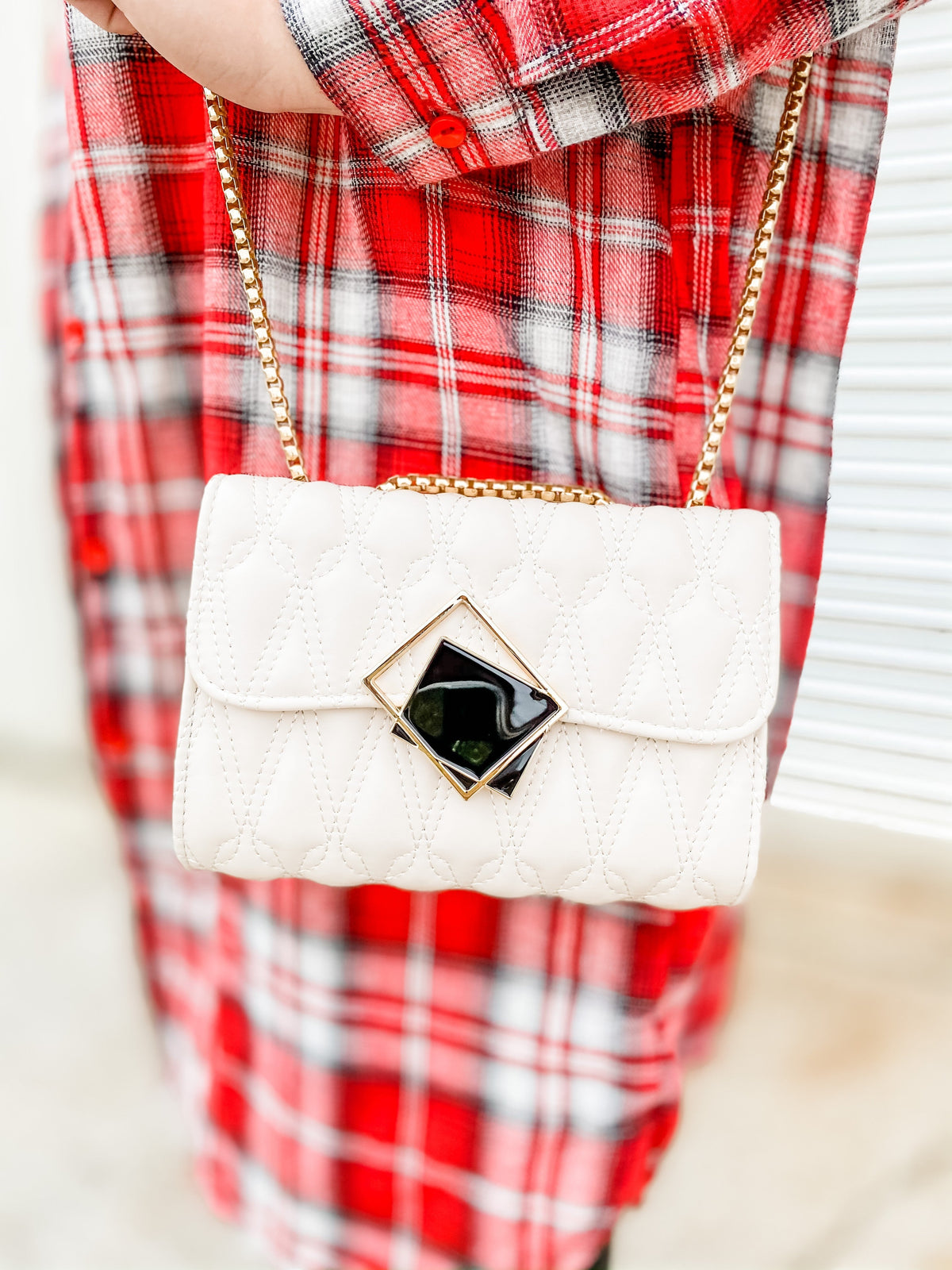 White Embossed Square Buckle Shoulder Bag