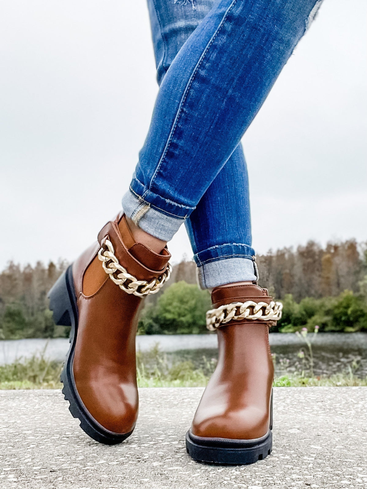 Dark Tan Chunky Chain Slip On Boots