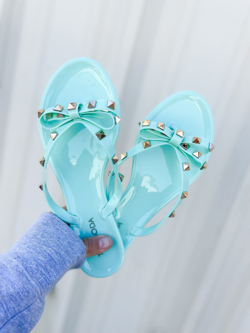 Mint Studded Bow Jelly Sandals