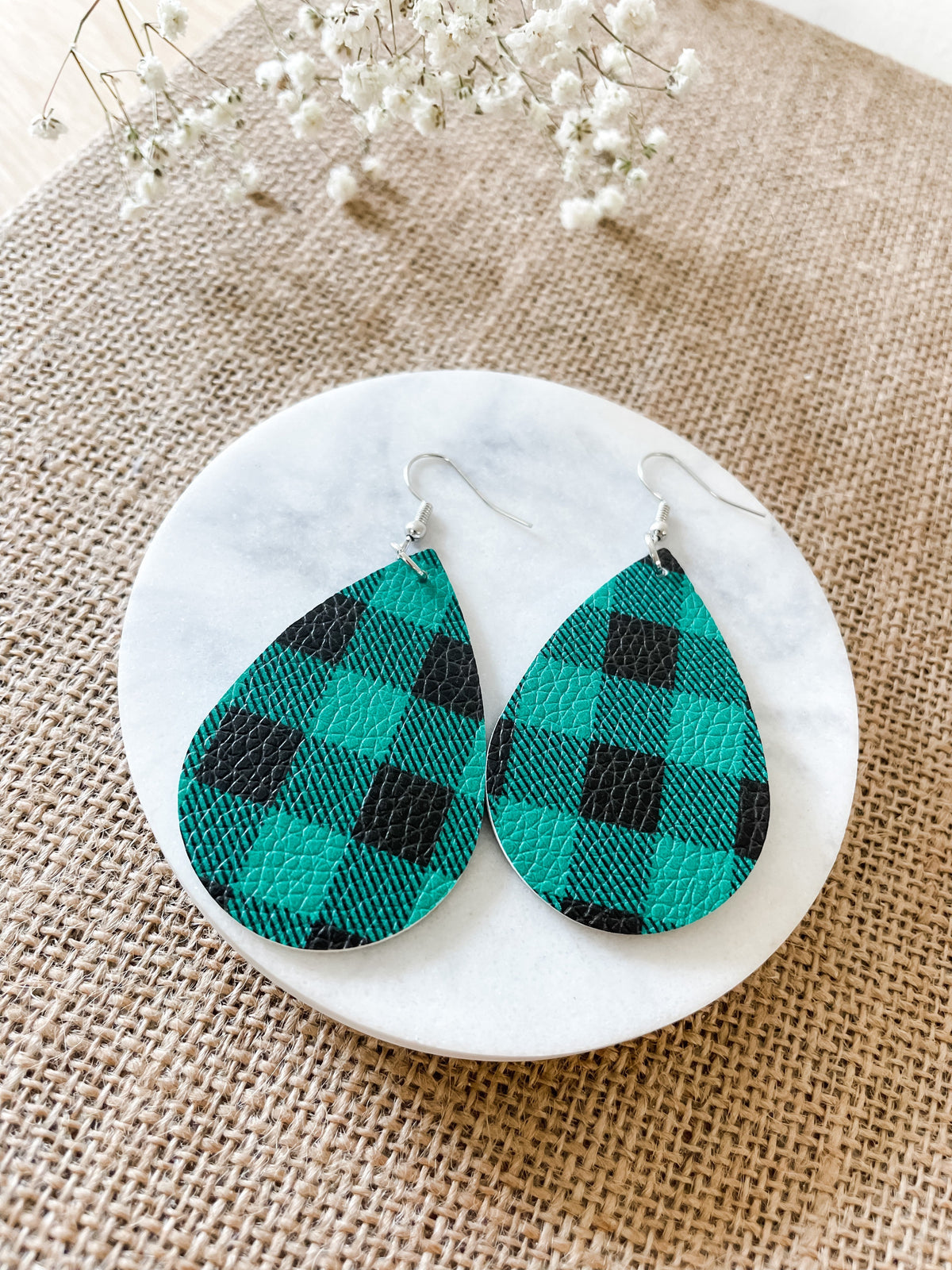 Green Plaid Teardrop Earrings