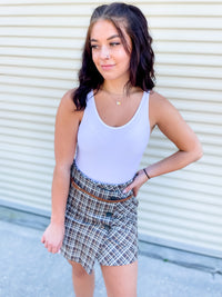 Skorting The Issue Grey & Tan Plaid Skort