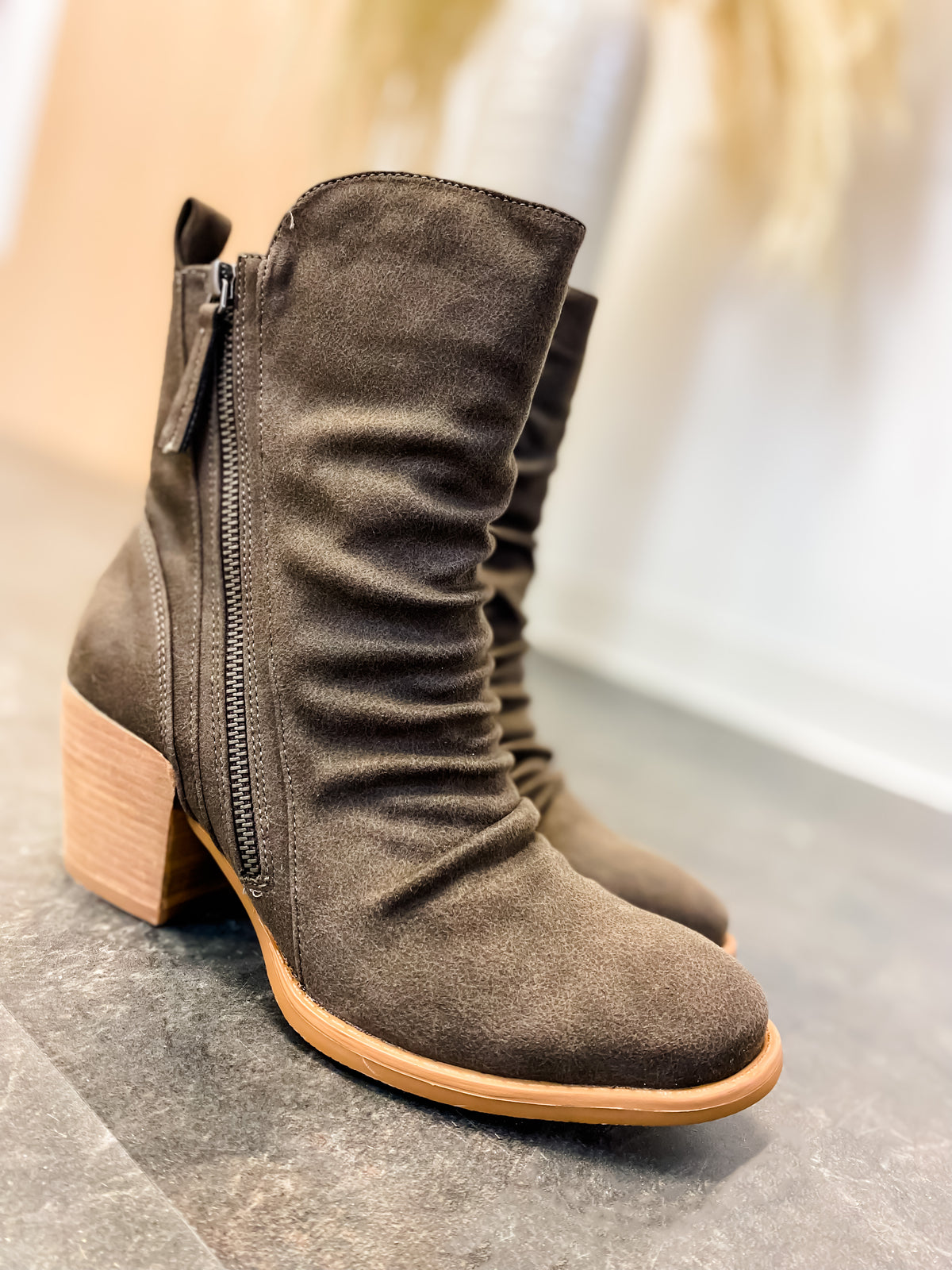 Brown Ruched Double Zipper Boot