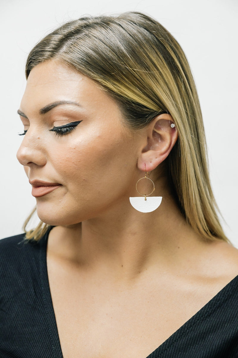 White Geometric Leather Earrings