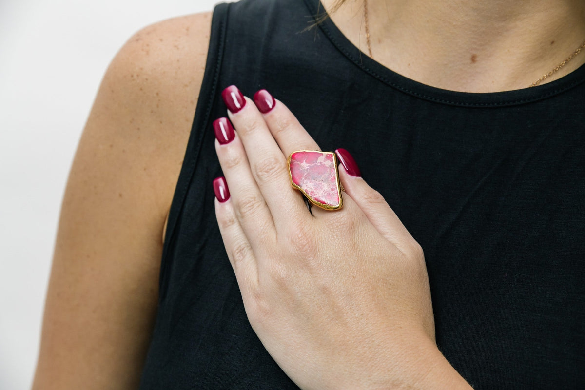 RED 24K GOLD PLATED JASPER GEMSTONE RING